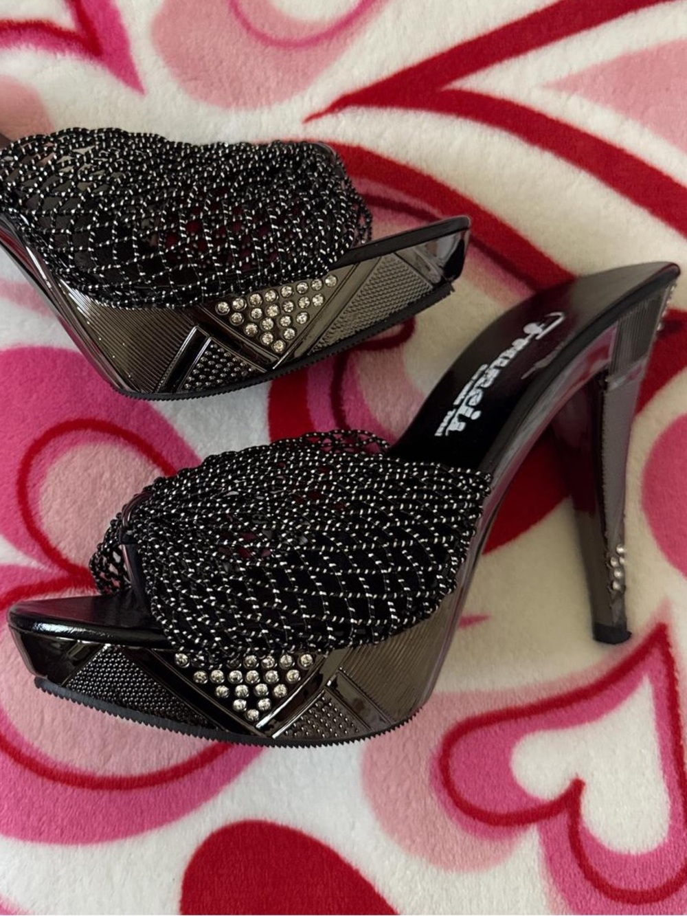 Black Beaded Open-Toe Platform Heels